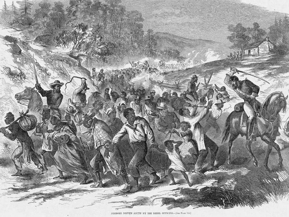 A Harper's Weekly illustration of Black Americans being driven south by Confederate officers in 1862